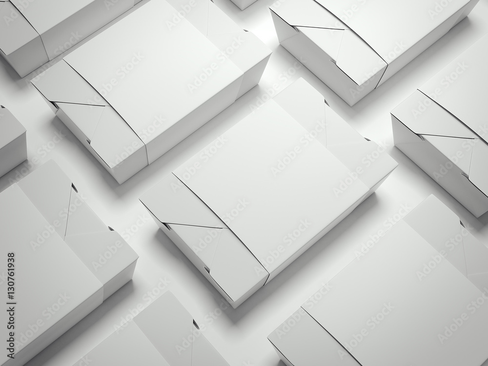 Set of foodboxes with blank labels in studio. 3d rendering Set of foodboxes with blank labels in studio. 3d rendering