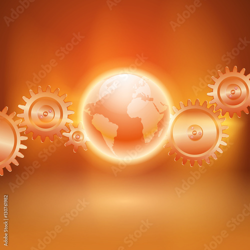 Abstract orange background with gear transmission and the globe