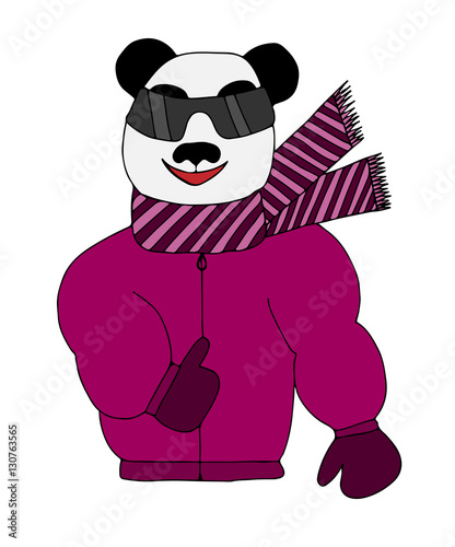 Colorful panda is sun glasses in a winter jacket and scarf