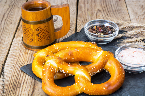 Homemade soft pretzels with sesame seeds and sea salt