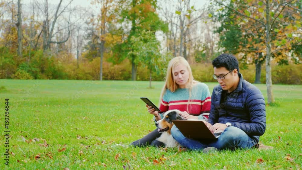 Man with laptop, woman with a tablet. Near beloved Australian Shepherd Man with laptop, woman with a tablet. Near beloved Australian Shepherd