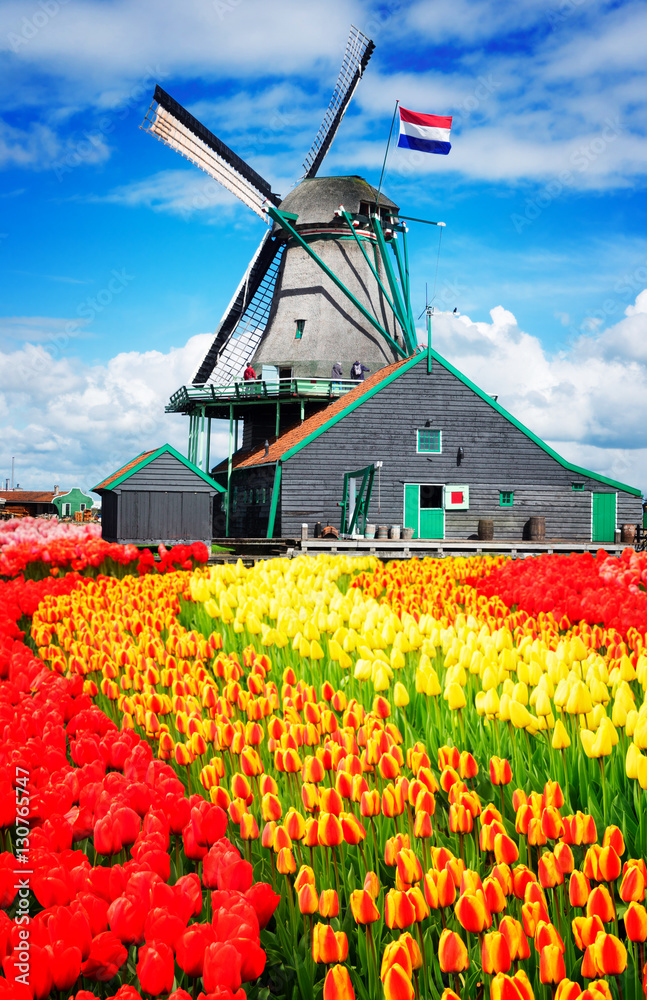 traditional Dutch windmill of Zaanse Schans, Netherlands, retro toned