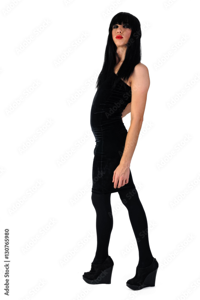 Cute transvestite man dressed as woman stands over white background Cute transvestite man dressed as woman stands over white background