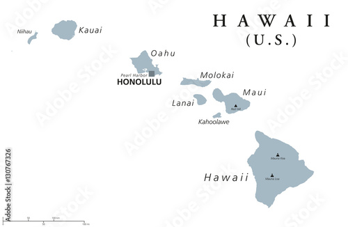 Hawaii political map with capital Honolulu. State of USA, located in Oceania, composed entirely of Islands, northernmost island group of Polynesia. Gray illustration with English labeling. Vector photo