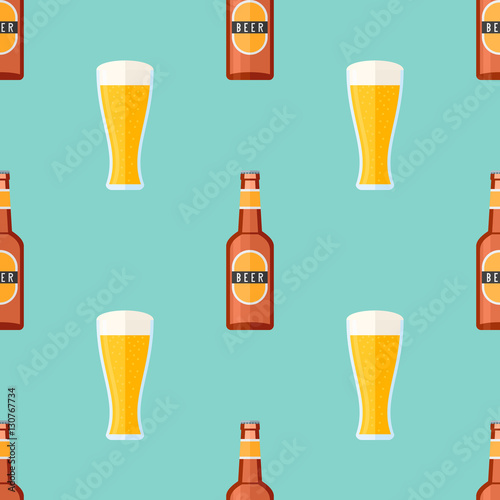 Seamless pattern with brown bottle and glass with beer. Vector texture.