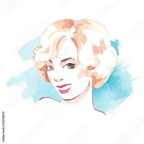 Blonde woman. Beautiful female face. Blue background.  Retro style