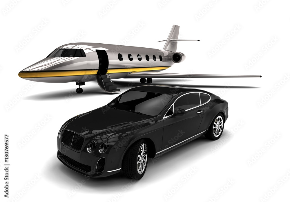 Private jet with a Luxury Car / 3D render image representing an private jet with a luxury car Private jet with a Luxury Car / 3D render image representing an private jet with a luxury car
