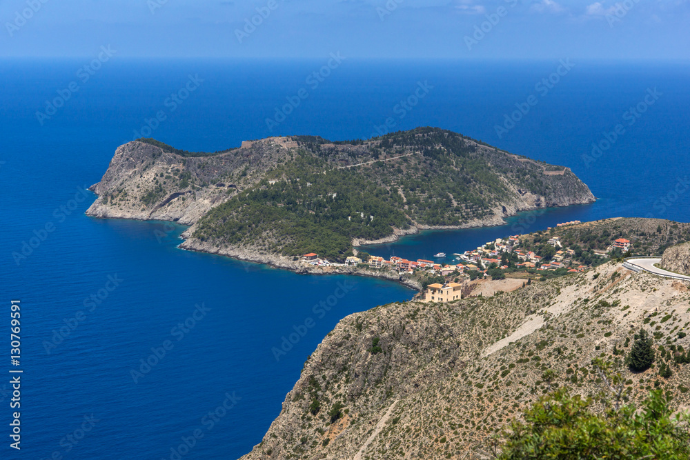Blue waters in Assos village and beautiful sea bay, Kefalonia, Ionian islands, Greece