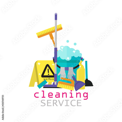 Cleaning service flat illustration. Poster template for house cleaning services with various cleaning tools. Caution wet floor sign, bucket, mop, sponge, brush, detergent product. Vector illustration
