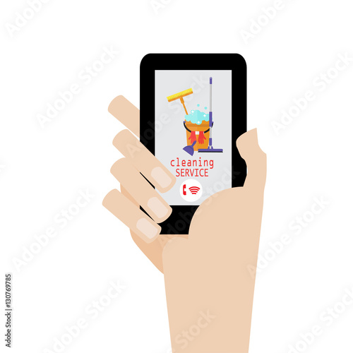 The concept of online ordering services cleaning. Mobile icon from the company which is engaged in clearing space