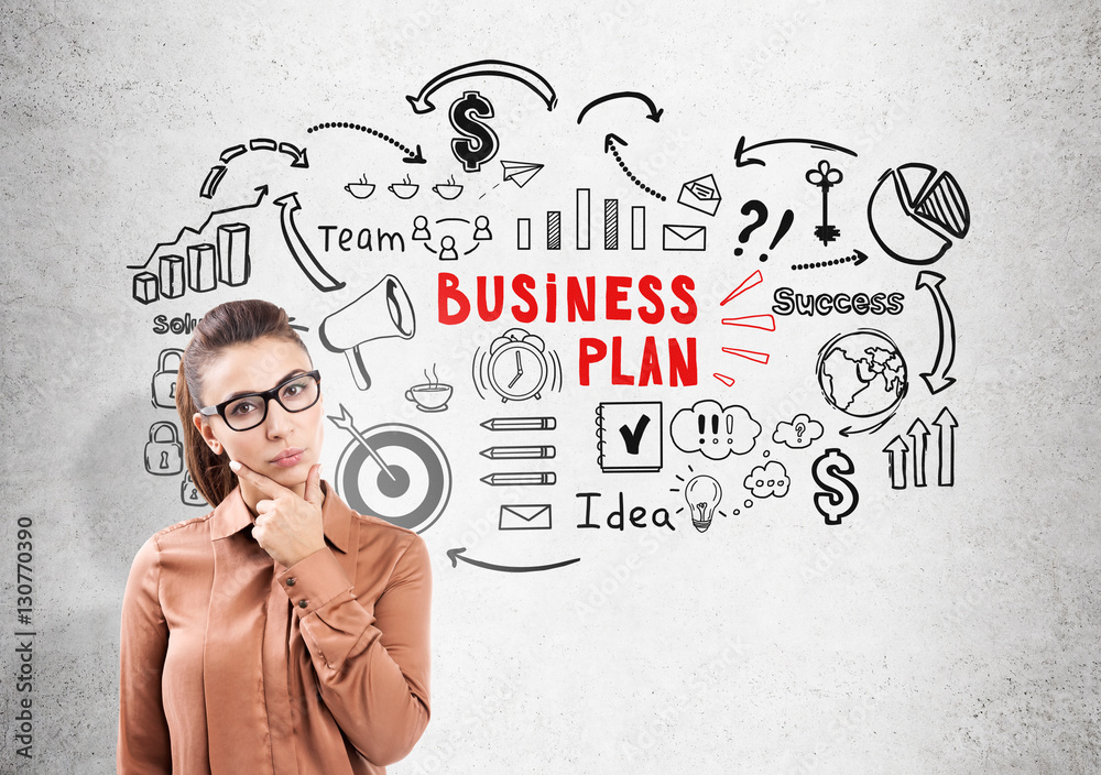 Thinking woman in glasses and business plan Thinking woman in glasses and business plan