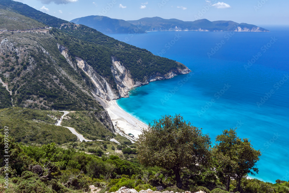 Panoramic View of beautiful Myrtos bay road to beach, Kefalonia, Ionian islands, Greece