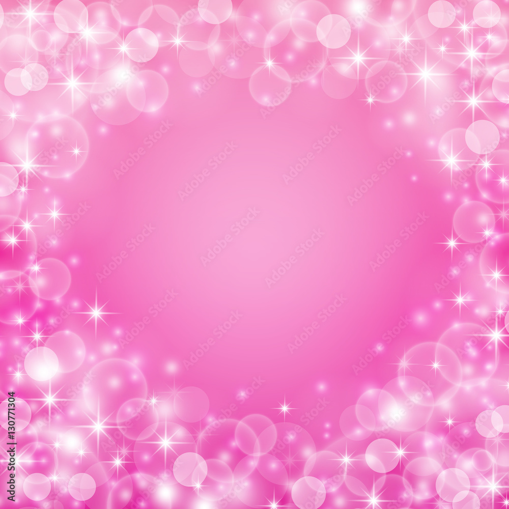 Fairy pink colored background with bokeh lights, stars and sparkles. Vector illustration.