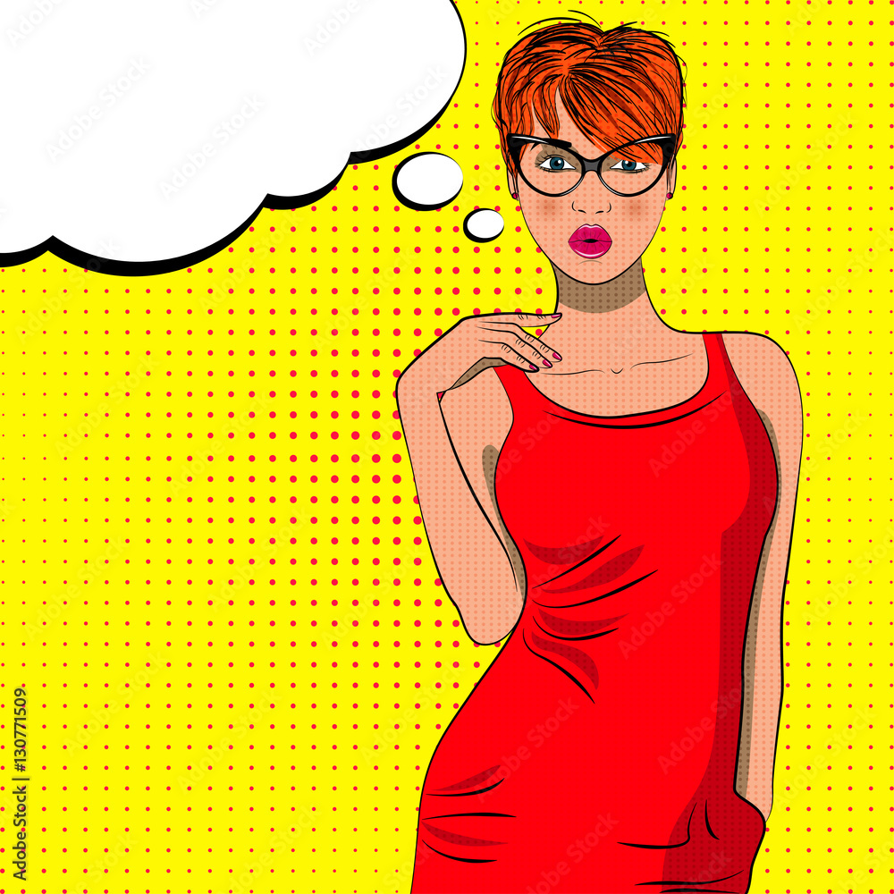 Pop art cute fashion woman in dress with glasses. Bubble sign.