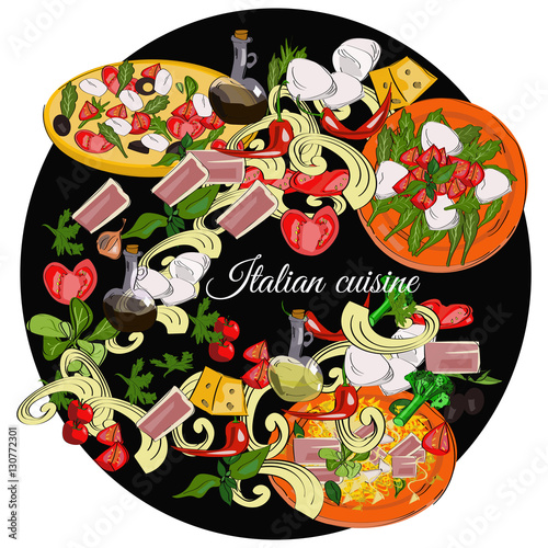Italian cuisine top view frame. Food menu design. Vector drawn sketch illustration.