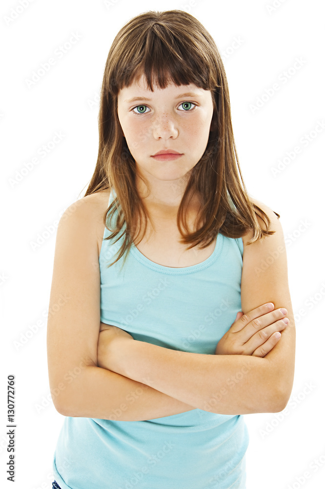 Sulky angry young girl child, sulking and pouting. Isolated on white background Sulky angry young girl child, sulking and pouting. Isolated on white background