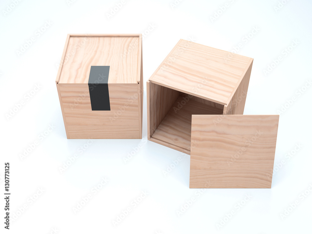 Two Square wooden boxes, opened cover. 3d rendering Two Square wooden boxes, opened cover. 3d rendering