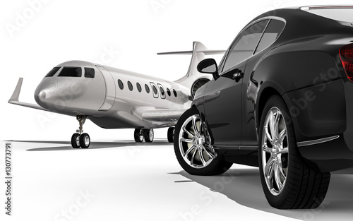 Luxury life / 3D render image representing a luxury car with an private jet 