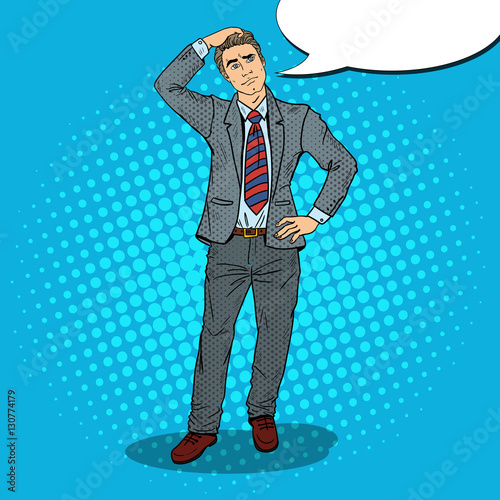 Pop Art Doubtful Businessman Making Decision. Vector illustration
