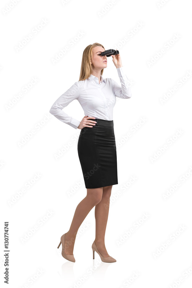 Portrait of woman with binoculars, isolated