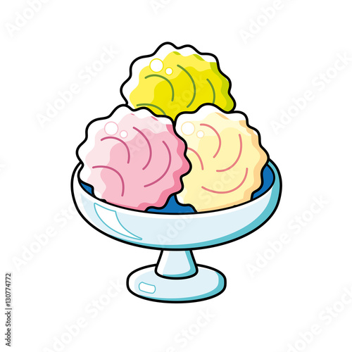 Ice cream scoops in bowl isolated, different flavors.