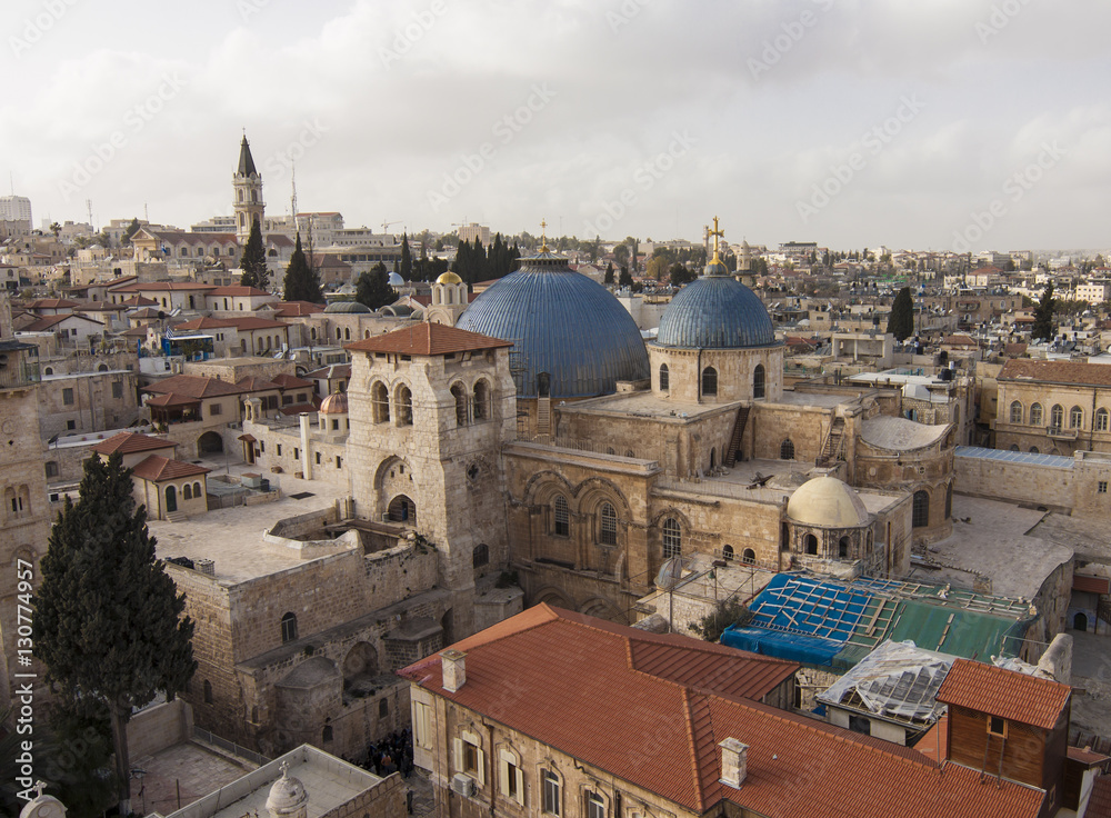 Israel - Jerusalem - Church of the Holy Sepulchre with old city aerial view
