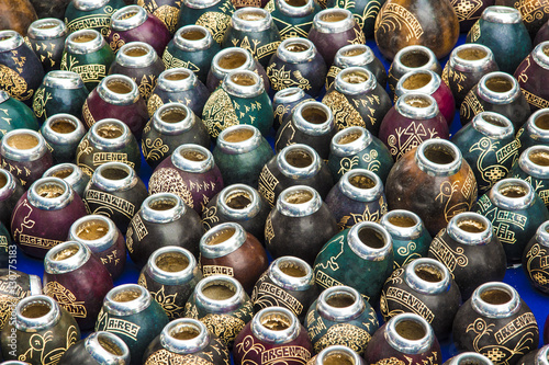 Argentina - Buenos Aires - The stall with a lot of calabash mate cups for yerba mate drinking during regular San Telmo sunday fiesta