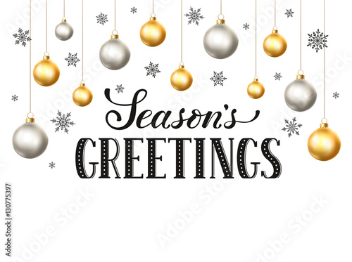 Happy holidays greeting card template. Modern New Year lettering with snowflakes and Christmas balls isolated on white background. Seasons greetings vector illustration with text.