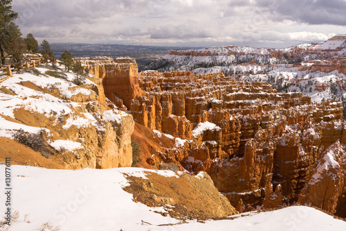 Fresh Snow Blankets Bryce Canyon Rock Formations Utah USA