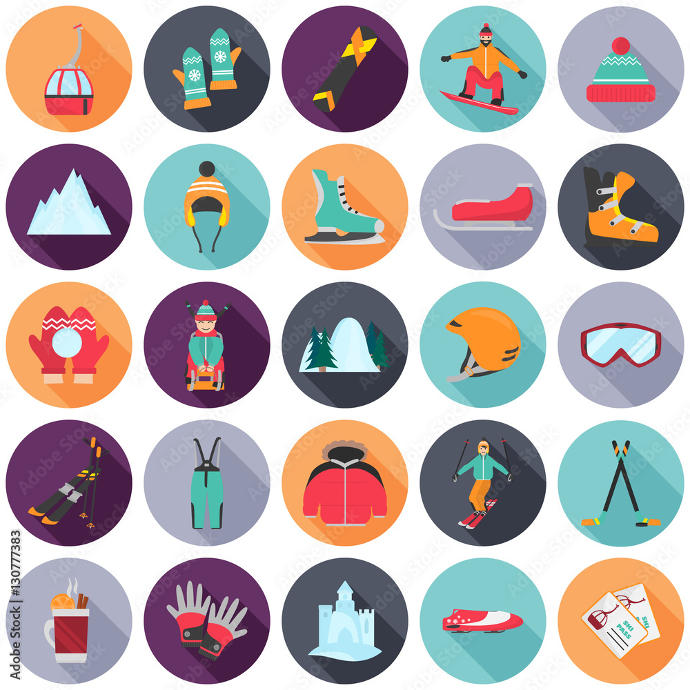 Winter sports and fun color flat icons set