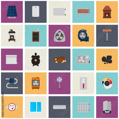 Heating and air conditioning devices color flat icons set