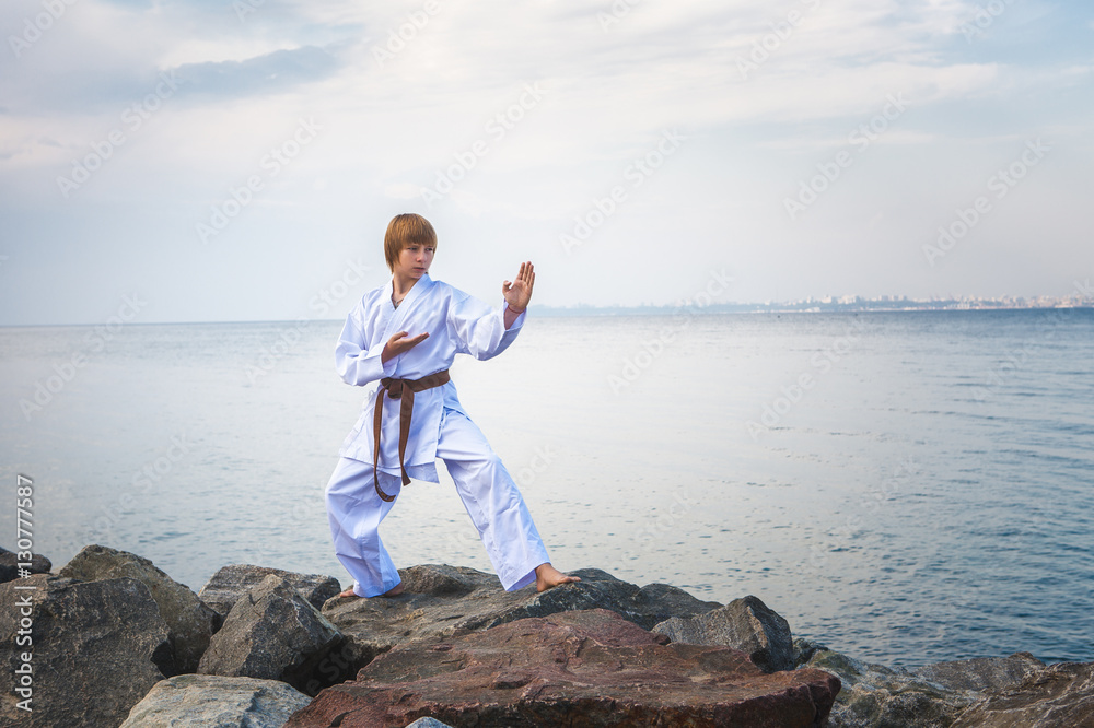 Young boy training karate