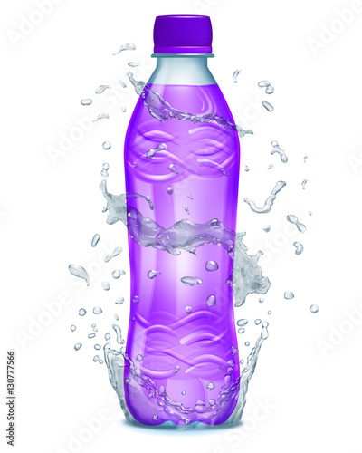 Water splashes in light blue colors around a plastic bottle with