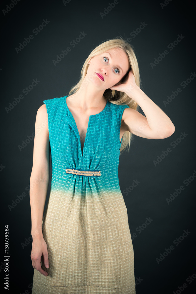 Beautiful woman doing different expressions in different sets of clothes: tired