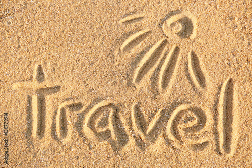 Handwritten inscription on sea sand, close up view