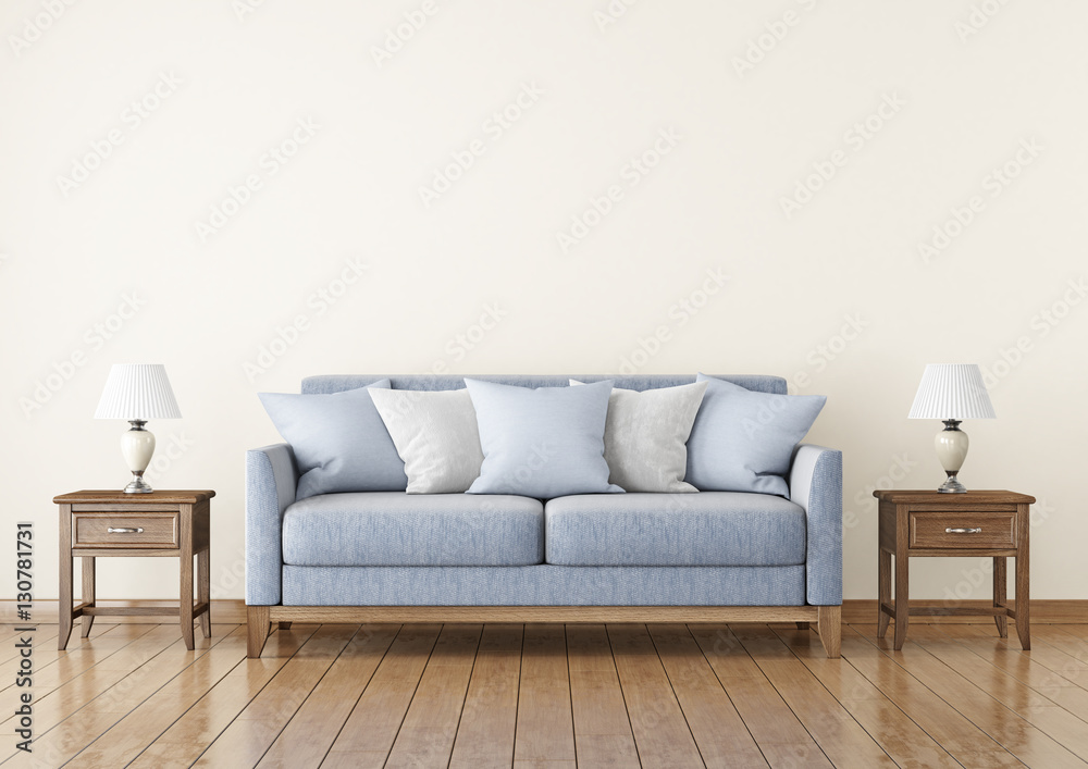 Livingroom with fabric sofa, pillows and lamps on empty wall background. 3D rendering. Livingroom with fabric sofa, pillows and lamps on empty wall background. 3D rendering.