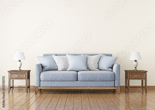 Livingroom with fabric sofa, pillows and lamps on empty wall background. 3D rendering. © marina_dikh