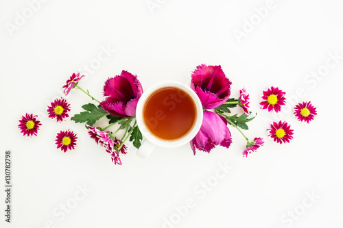 Flowers and tea. Flat lay, Top view.