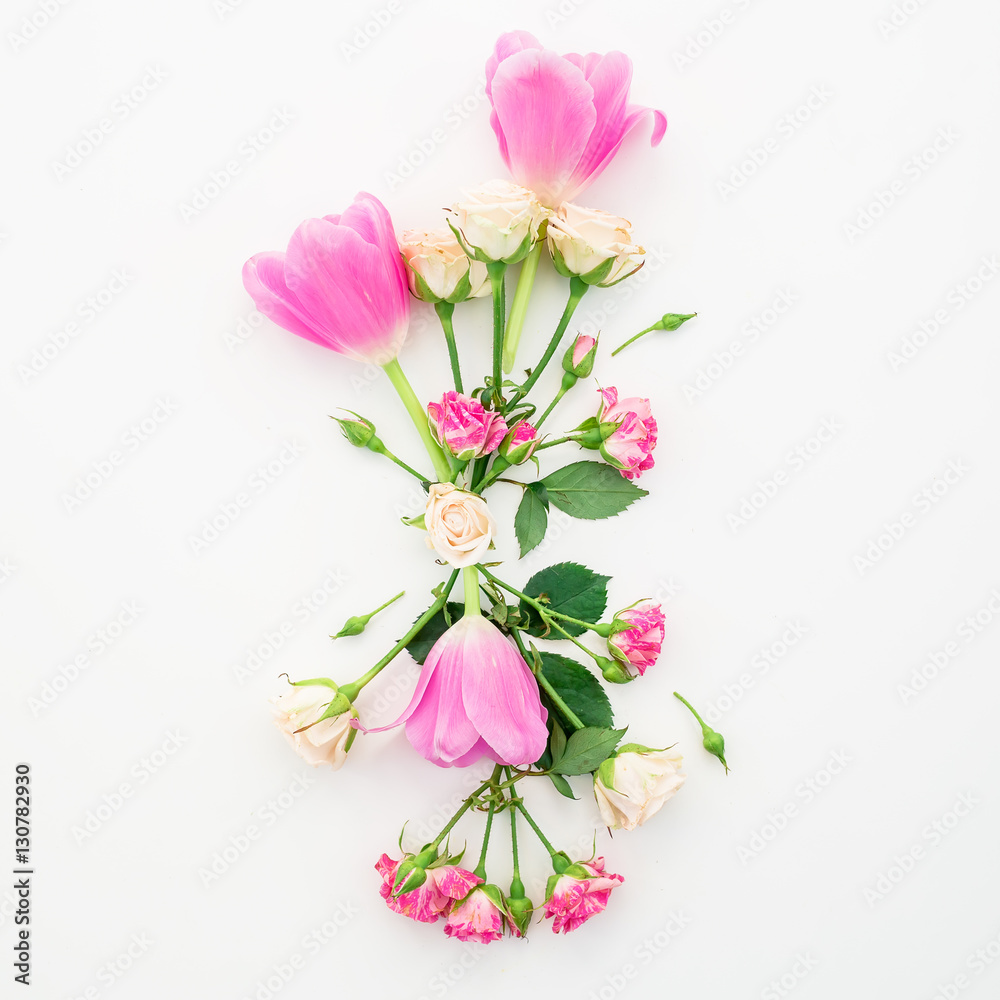 Fototapeta premium Pattern with flowers, branches and leaves isolated on white background. Flat lay, Top view.