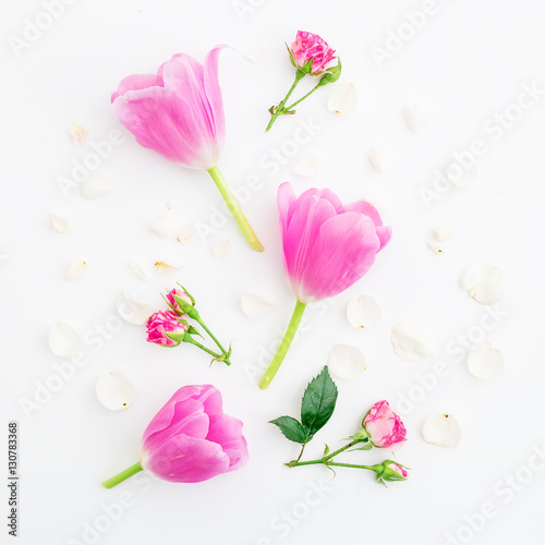 Pattern with flowers, branches and leaves isolated on white background. Flat lay, Top view.