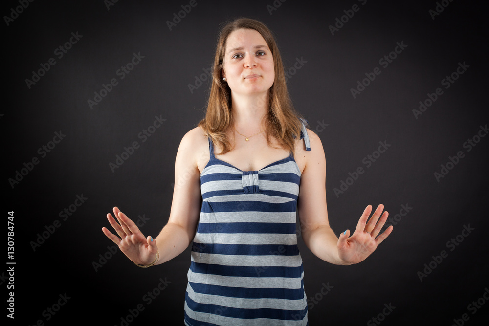 Beautiful woman doing different expressions in different sets of clothes: innocent Beautiful woman doing different expressions in different sets of clothes: innocent