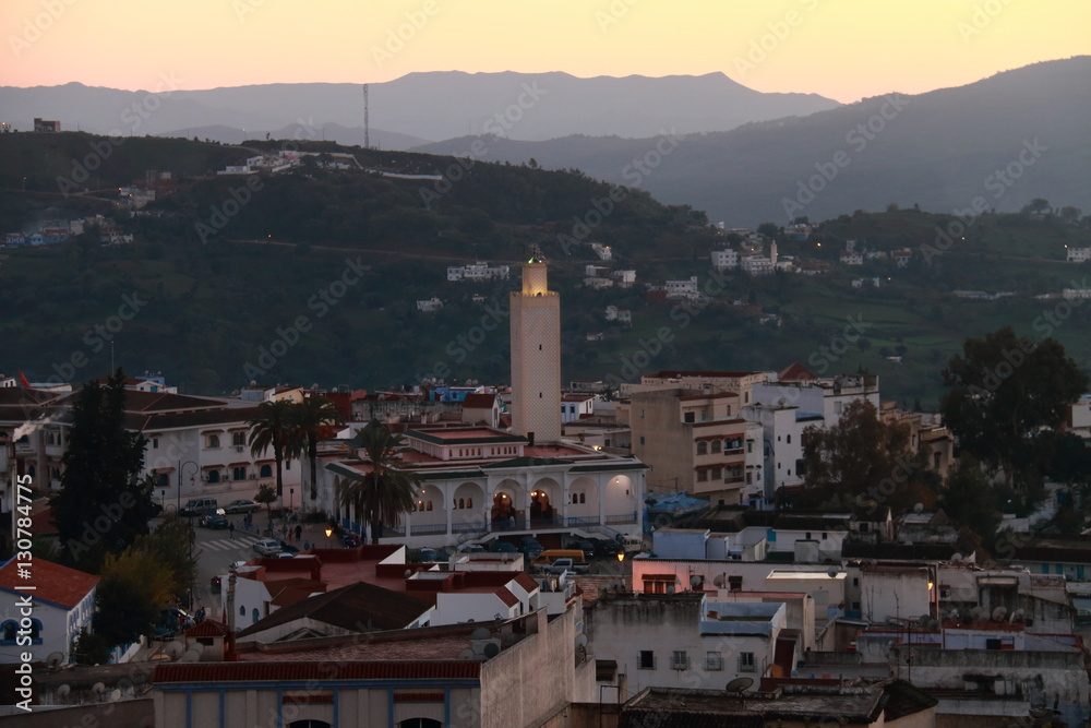 View of the village of Chefchaouen, Morocco, at dusk