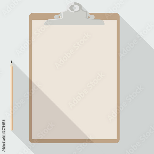 to left handed flat vector pencil and A4 blank sheet of kraft paper on a clipboard on white background with long shadow effect