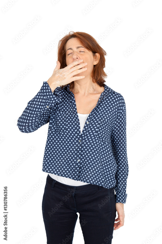Beautiful woman doing different expressions in different sets of clothes: yawn Beautiful woman doing different expressions in different sets of clothes: yawn