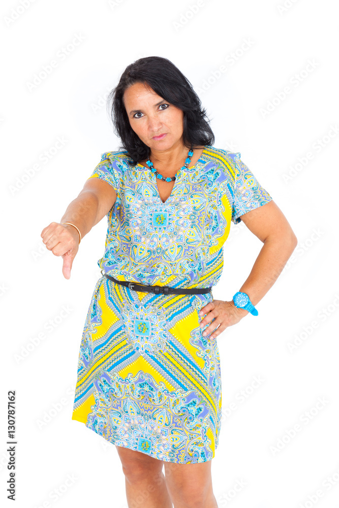 Beautiful woman doing different expressions in different sets of clothes: thumbs down Beautiful woman doing different expressions in different sets of clothes: thumbs down