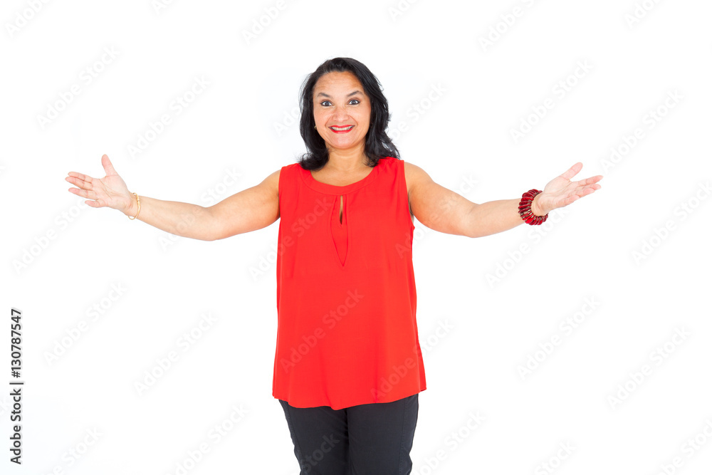 Beautiful woman doing different expressions in different sets of clothes: welcome Beautiful woman doing different expressions in different sets of clothes: welcome