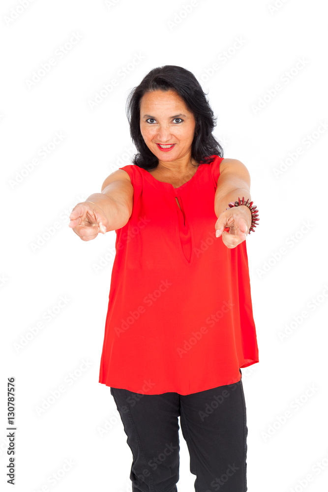 Beautiful woman doing different expressions in different sets of clothes: gun sign
