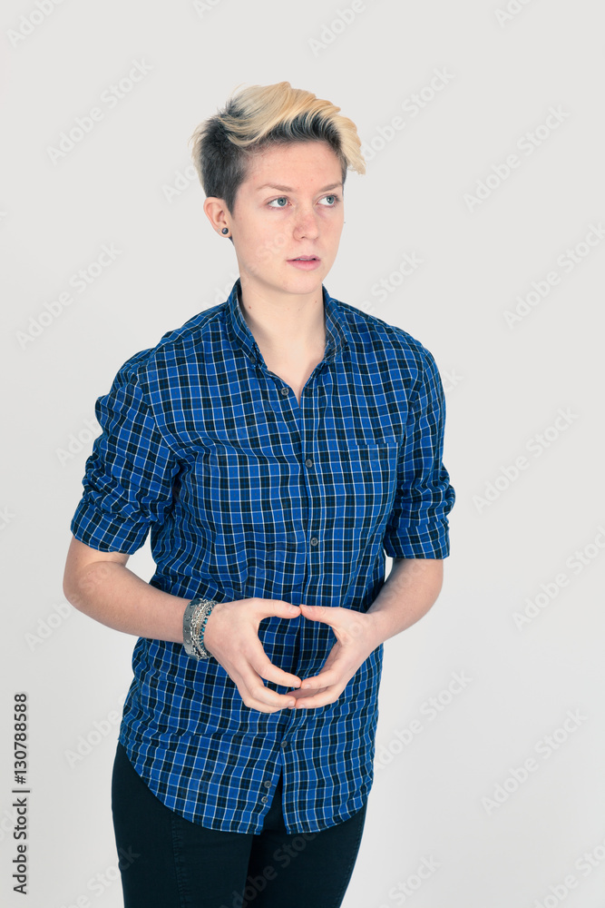 Beautiful woman doing different expressions in different sets of clothes: worried Beautiful woman doing different expressions in different sets of clothes: worried