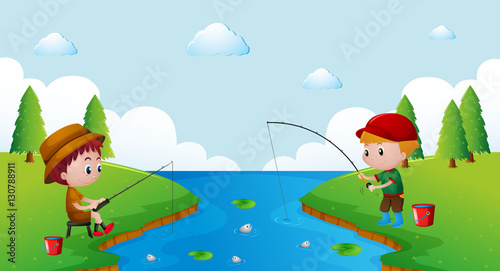 Two boys fishing in the river