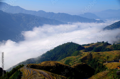 Scenery of mountain and rice field in Guilin, China photo